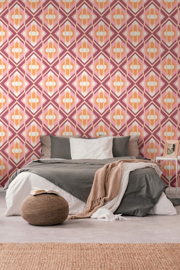 Retro tapet Profhome 395311-GU varmt stemplet ikke-vævet tapet lidt tekstureret geometriske mat lyserød pastel orange vinrød creme 4,5 m2
