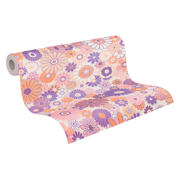 Retro tapet Profhome 395351-GU varmt stemplet ikke-vævet tapet lidt tekstureret blomstret mat purpurrød orange brun lyserød creme 4,5 m2
