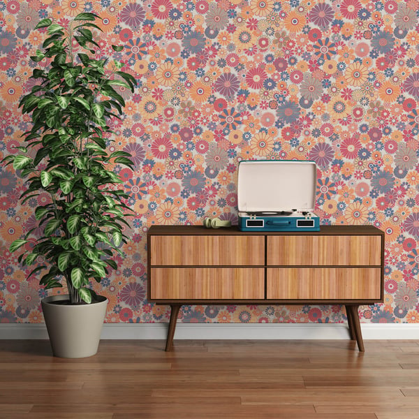 Retro tapet Profhome 395354-GU varmt stemplet ikke-vævet tapet lidt tekstureret blomstret mat rød okker gul orange blå 4,5 m2