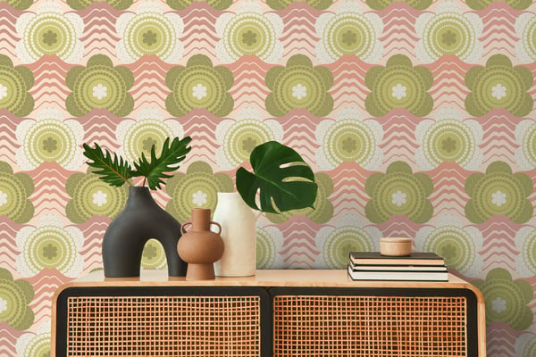 Retro tapet Profhome 395391-GU varmt stemplet ikke-vævet tapet lidt tekstureret blomstret mat lyserød støvet pink oliven gul creme 4,5 m2