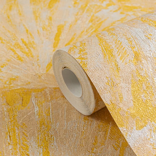 Puds imitation tapet Profhome 781984-GU varmt stemplet ikke-vævet tapet tekstureret abstrakt flimrende gul creme beige gyldengul 5,33 m2