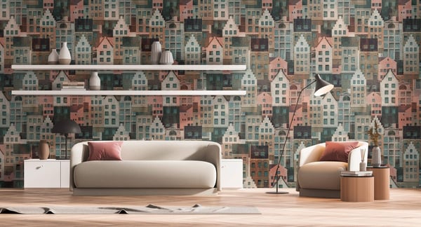 Foto tapet Profhome 391822-GU varmt stemplet ikke-vævet tapet glat grafisk mat flerfarvede pastel blå lyserød beige grå 1,59 m x 2,8 m