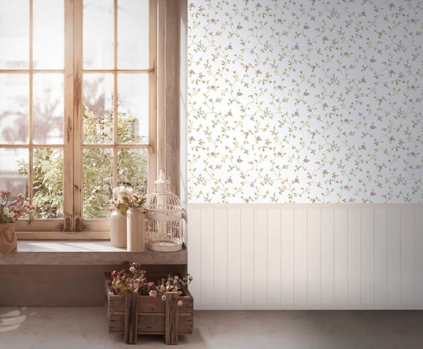 Foto tapet Profhome 398051-GU varmt stemplet ikke-vævet tapet lidt tekstureret blomstret mat fløde creme lyserød grøn 1,59 m x 2,8 m