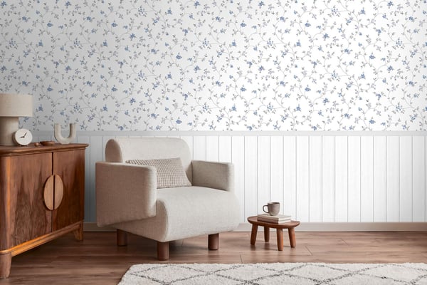 Foto tapet Profhome 398052-GU varmt stemplet ikke-vævet tapet lidt tekstureret blomstret mat fløde creme blå grøn 1,59 m x 2,8 m