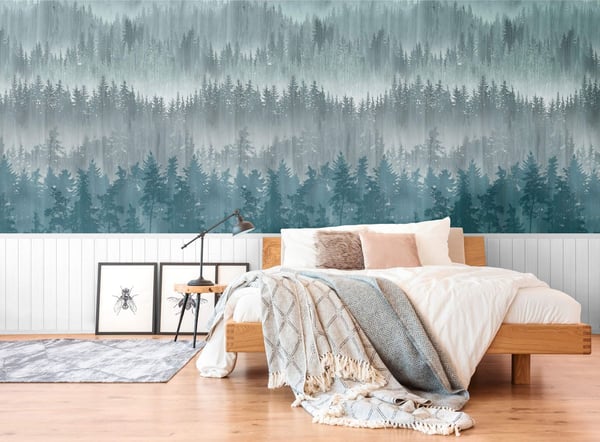 Foto tapet Profhome 398111-GU varmt stemplet ikke-vævet tapet lidt tekstureret skov mat blå  pastel turkis hvid grå 1,59 m x 2,8 m