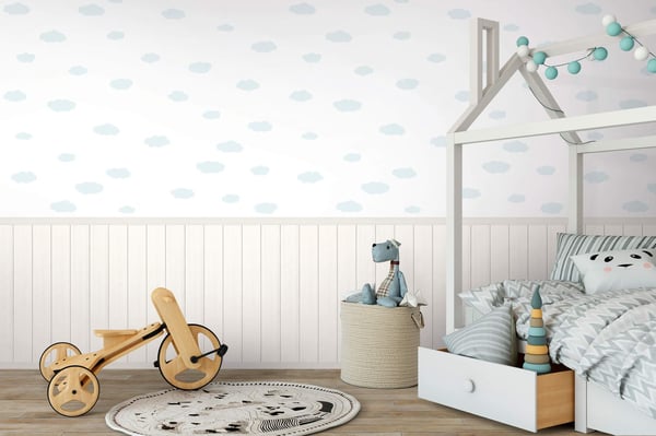 Foto tapet Profhome 398162-GU varmt stemplet ikke-vævet tapet lidt tekstureret børnetapet mat hvid creme lyseblå lysegrå 1,59 m x 2,8 m