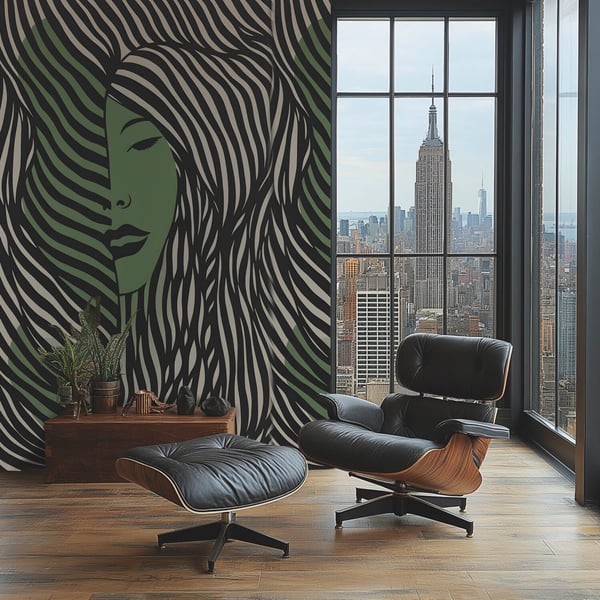 Foto tapet Profhome 790164-GU varmt stemplet ikke-vævet tapet lidt tekstureret grafisk mat sort beige grøn 1,59 m x 2,8 m