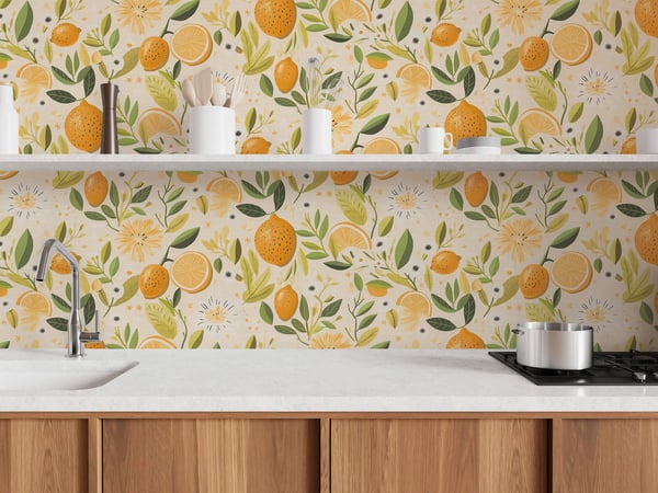 Tapet til køkken og badeværelse Profhome 791692-GU varmt stemplet ikke-vævet tapet lidt tekstureret blomster mat grå gul olivengrøn creme 5,33 m2