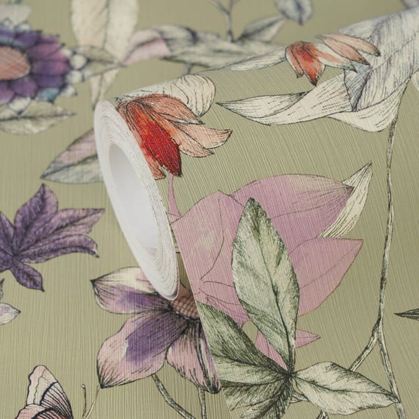 Blomstret tapet Profhome 791873-GU varmt stemplet ikke-vævet tapet lidt tekstureret blomster mat grøn grå oliven violet creme 5,33 m2