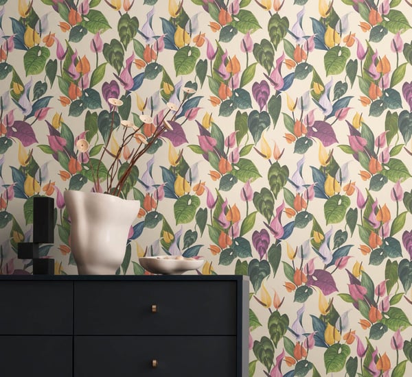 Blommiga tapet Profhome 782101-GU heta präglade non-woven tapet slät blomster matt elfenben grön violett blå 5,33 m2