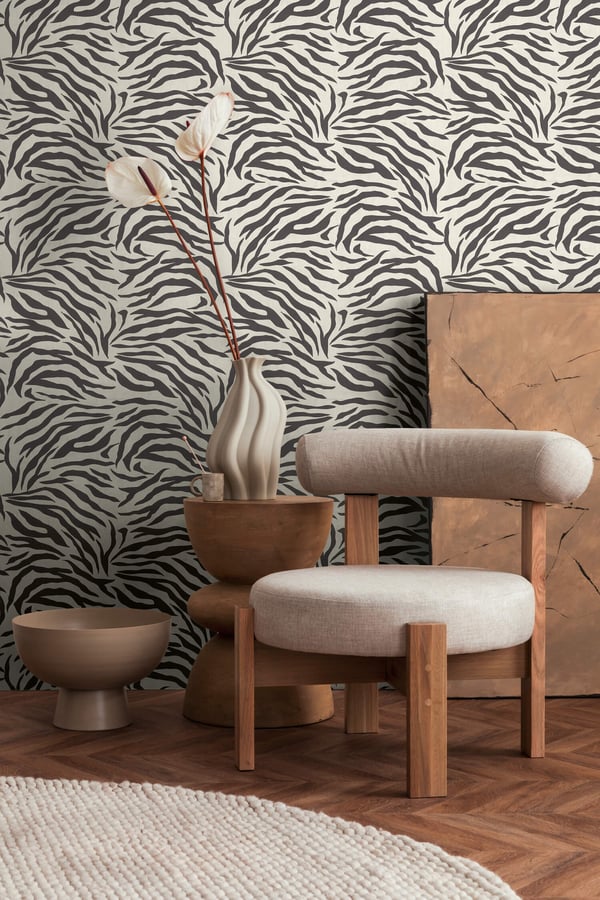 Djur mönster tapeter Profhome 782171-GU heta präglade non-woven tapet slät zebra mönster matt vit svart 5,33 m2