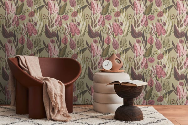 Natur tapet Profhome 782192-GU varmt stemplet ikke-vævet tapet glat blomster mat olive lyserød oliven brun creme 5,33 m2