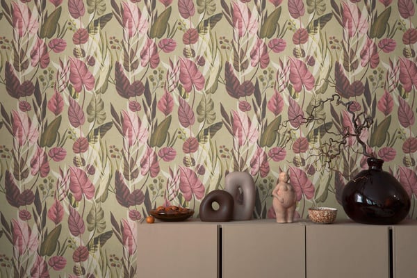 Natur tapet Profhome 782192-GU varmt stemplet ikke-vævet tapet glat blomster mat olive lyserød oliven brun creme 5,33 m2