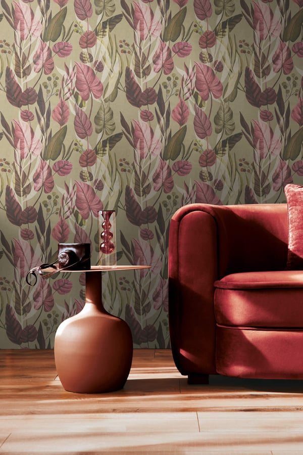 Natur tapet Profhome 782192-GU varmt stemplet ikke-vævet tapet glat blomster mat olive lyserød oliven brun creme 5,33 m2