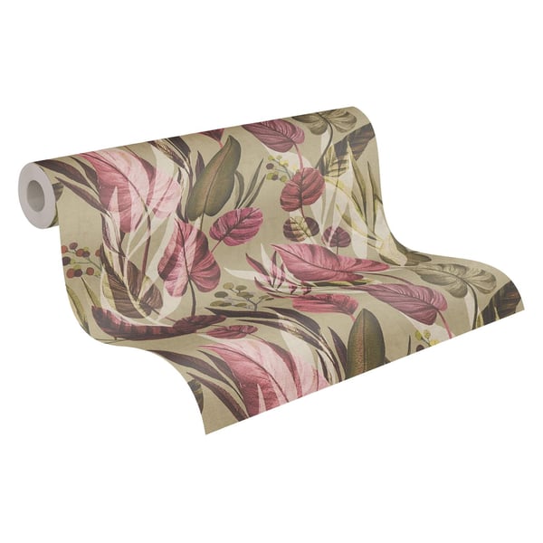 Natur tapet Profhome 782192-GU varmt stemplet ikke-vævet tapet glat blomster mat olive lyserød oliven brun creme 5,33 m2