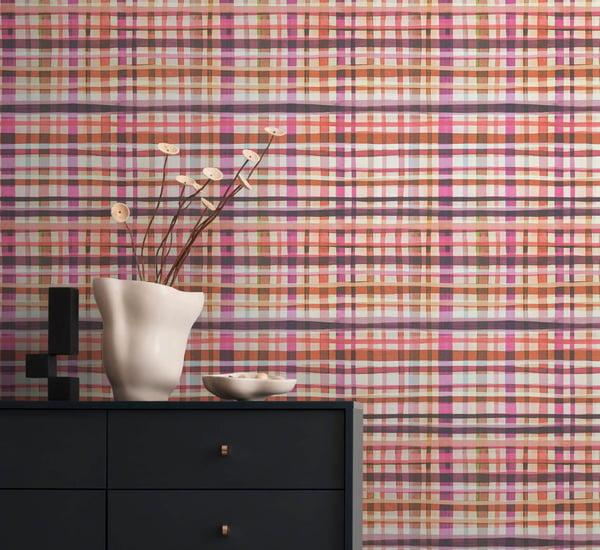 Grafisk tapet Profhome 782241-GU varmt stemplet ikke-vævet tapet glat ternet mat fløde fuchsia orange brun purpur 5,33 m2