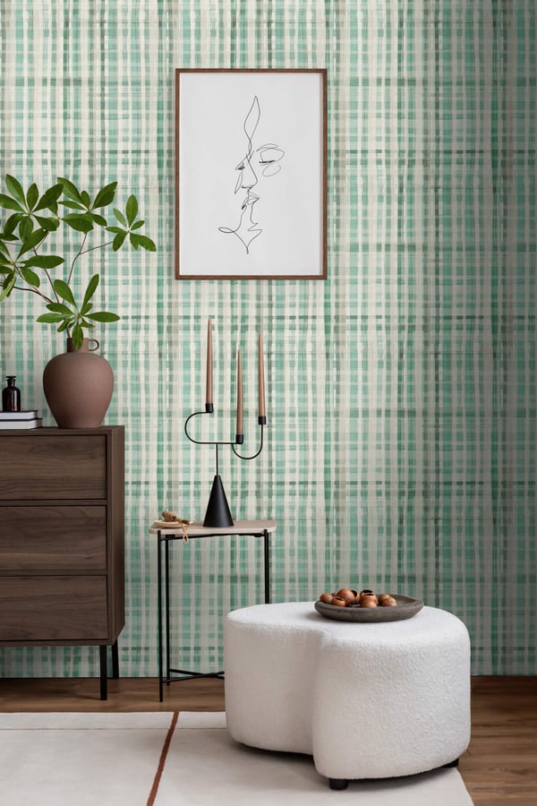 Grafisk tapet Profhome 782243-GU heta präglade non-woven tapet slät rutigt mönster matt grädde pastell turkos oliv grön grå beige 5,33 m2