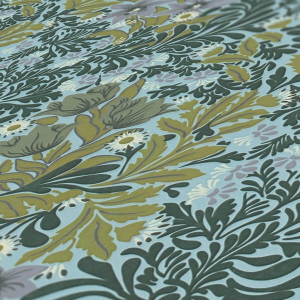 Blomstret tapet Profhome 390572-GU ikke-vævet tapet glat blomster mat grøn pastel turkis hvid olivengrøn 5,33 m2
