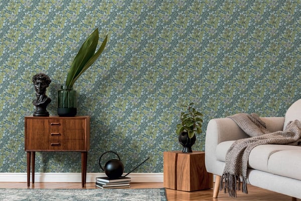 Blomstret tapet Profhome 390572-GU ikke-vævet tapet glat blomster mat grøn pastel turkis hvid olivengrøn 5,33 m2