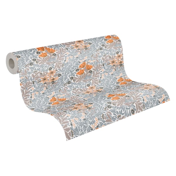 Kukkatapetti Profhome 390574-GU kuitutapetti sileä kukikas mat harmaa oranssinkeltainen valkoinen beige ruskea 5,33 m2