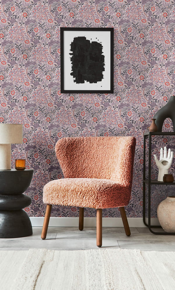 Kukkatapetti Profhome 390592-GU kuitutapetti sileä kukikas mat syreeni pastelli violetti pinkii oranssinpunainen 5,33 m2