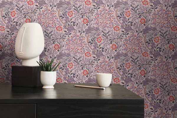 Kukkatapetti Profhome 390592-GU kuitutapetti sileä kukikas mat syreeni pastelli violetti pinkii oranssinpunainen 5,33 m2