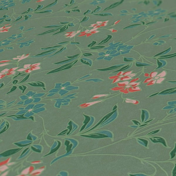 Blommiga tapet Profhome 390631-GU non-woven tapet slät blomster matt grön röd orange rosa blå grön 5,33 m2