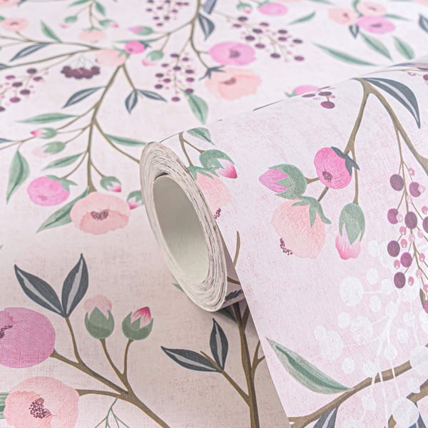 Barn tapet Profhome 771361-GU non-woven tapet slät fågelmönster matt rosa fuchsia grön grå 5,33 m2