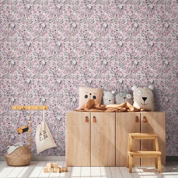 Barn tapet Profhome 771361-GU non-woven tapet slät fågelmönster matt rosa fuchsia grön grå 5,33 m2