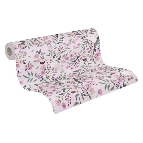 Barn tapet Profhome 771361-GU non-woven tapet slät fågelmönster matt rosa fuchsia grön grå 5,33 m2