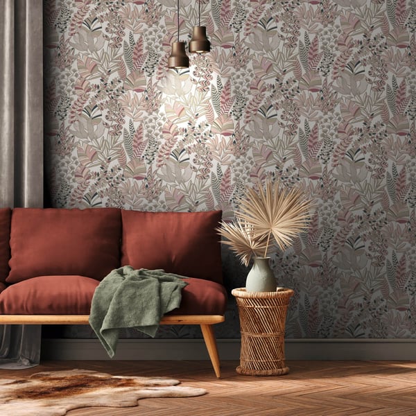 Retro tapet Profhome 390954-GU varmt stemplet ikke-vævet tapet lidt tekstureret blomster og metalliske højdepunkter lyserød guld pastel violet oliveng