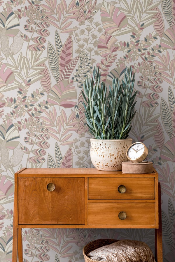 Retro tapet Profhome 390954-GU varmt stemplet ikke-vævet tapet lidt tekstureret blomster og metalliske højdepunkter lyserød guld pastel violet oliveng