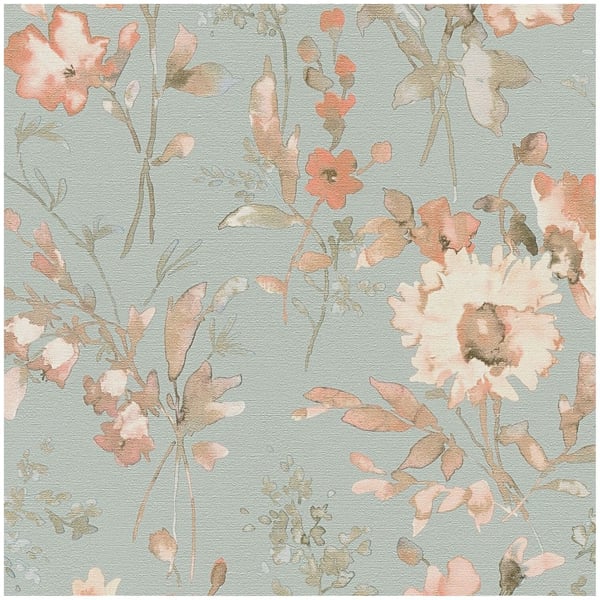 Blomstret tapet Profhome 790616-GU varmt stemplet ikke-vævet tapet lidt tekstureret blomster og metallisk effekt blå pink laks perle beige blågrå 5,3