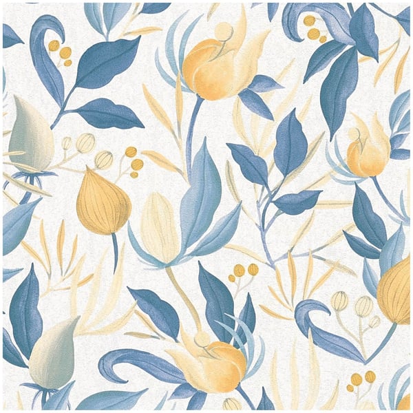 Blomstret tapet Profhome 790626-GU varmt stemplet ikke-vævet tapet lidt tekstureret blomster mat fløde blå pastel gul guld 5,33 m2