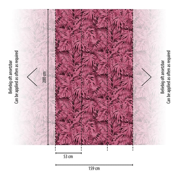 Foto tapet Profhome 791458-GU varmt stemplet ikke-vævet tapet lidt tekstureret palme mat lyserød magenta sort bordeaux violet 1,59 m x 2,8 m