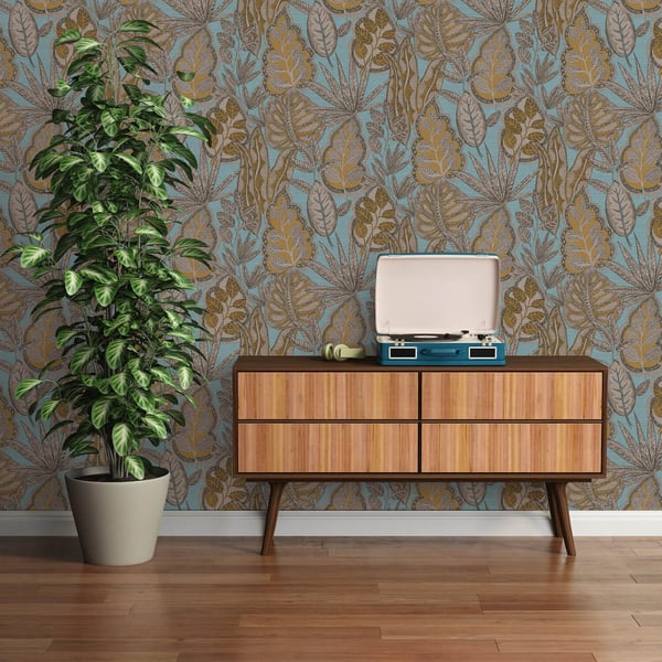 Natur tapeter Profhome 393464-GU heta präglade non-woven tapet lätt texturerad palmer matt blå pastell turkos grå ockra brun 5,33 m2