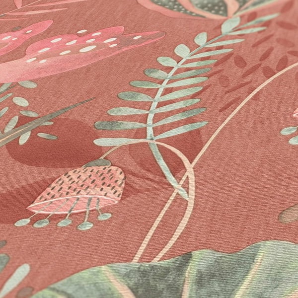 Retro tapet Profhome 393482-GU varmt stemplet ikke-vævet tapet lidt tekstureret blomster mat rød orange laks lysegrøn lyserød 5,33 m2