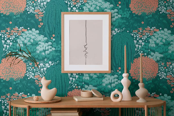 Natur tapet Profhome 393503-GU varmt stemplet ikke-vævet tapet lidt tekstureret blomster mat turkis blålig grøn pastel orange hvid 5,33 m2