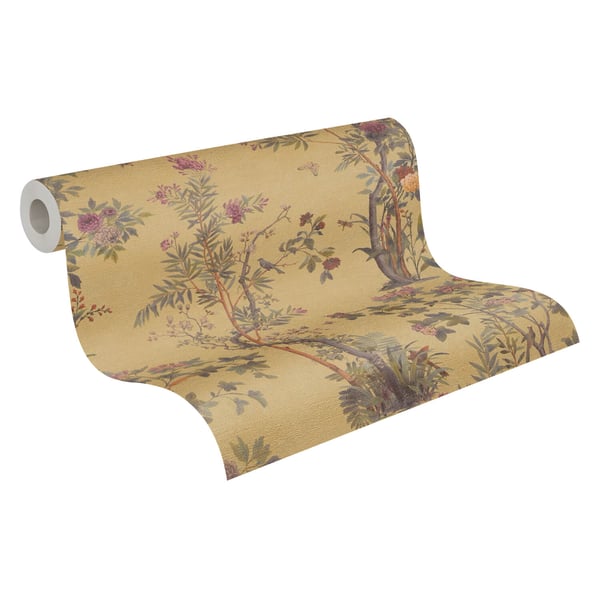 Blommiga tapet Profhome 790432-GU heta präglade non-woven tapet lätt texturerad blomster och metallisk effekt guld oliv grön brun rosa 5,33 m2