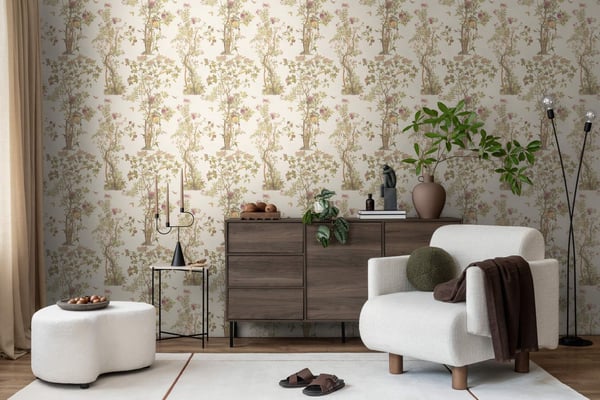 Blomstret tapet Profhome 790433-GU varmt stemplet ikke-vævet tapet lidt tekstureret blomster mat fløde olivengrøn brun lyserød 5,33 m2