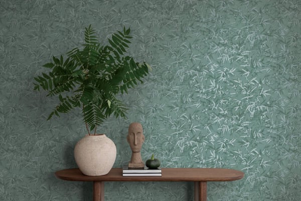 Natur tapet Profhome 790465-GU varmt stemplet ikke-vævet tapet lidt tekstureret blomster og metalliske højdepunkter grøn patina grøn platin 5,33 m2