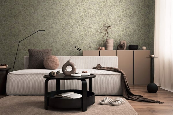 Eksklusiv luksus tapet Profhome 790475-GU varmt stemplet ikke-vævet tapet lidt tekstureret blomster og metallisk effekt grøn oliven grå beige grå 5,33
