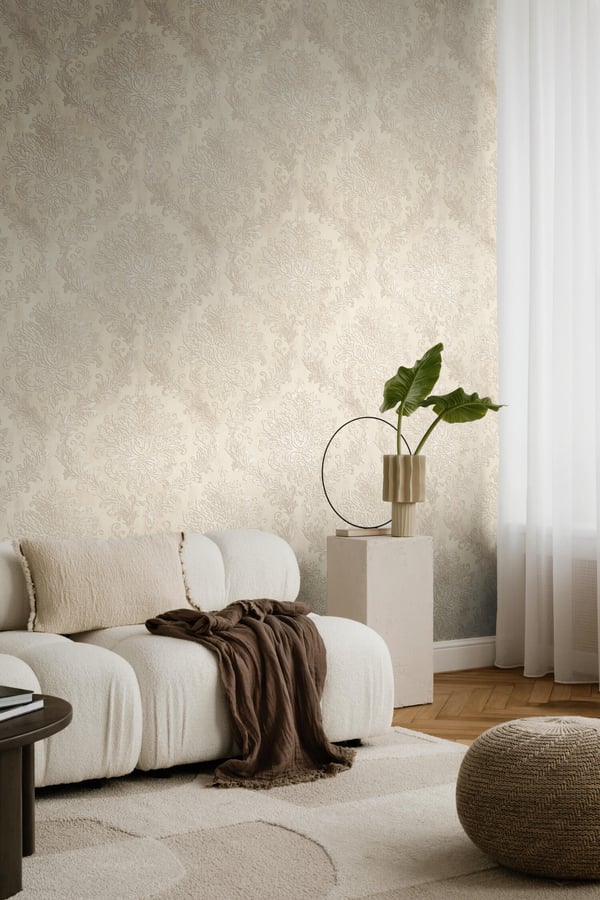 Barock tapet Profhome 790495-GU heta präglade non-woven tapet lätt texturerad ornament skimrande grädde beige ostron vit 5,33 m2