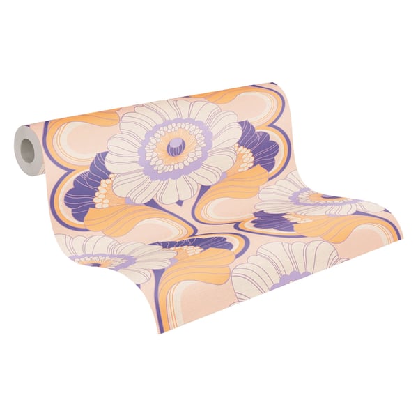 Retro tapet Profhome 395303-GU varmt stemplet ikke-vævet tapet lidt tekstureret blomstret mat violet beige okker gul creme 4,5 m2