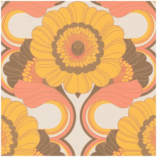 Retro tapet Profhome 395304-GU varmt stemplet ikke-vævet tapet lidt tekstureret blomstret mat orange brunrød honninggul creme 4,5 m2