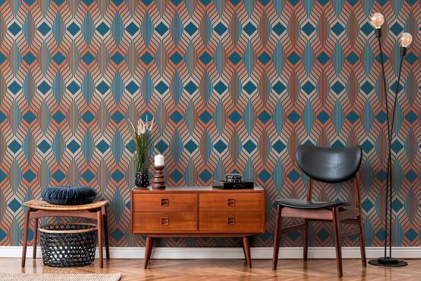 Retro tapet Profhome 395322-GU heta präglade non-woven tapet lätt texturerad geometrisk matt blå beige röd pastell orange azurblått 4,5 m2