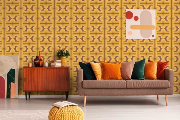 Retro tapet Profhome 395334-GU varmt stemplet ikke-vævet tapet lidt tekstureret geometriske mat orange brun safran gul rødbrun 4,5 m2