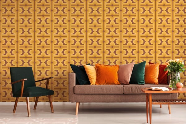 Retro tapet Profhome 395334-GU varmt stemplet ikke-vævet tapet lidt tekstureret geometriske mat orange brun safran gul rødbrun 4,5 m2