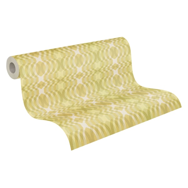 Retro tapet Profhome 395341-GU varmt stemplet ikke-vævet tapet lidt tekstureret grafisk mat grøn gulgrøn creme 4,5 m2