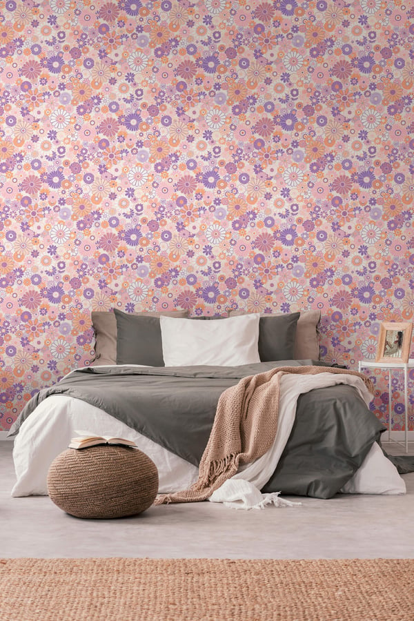 Retro tapet Profhome 395351-GU varmt stemplet ikke-vævet tapet lidt tekstureret blomstret mat purpurrød orange brun lyserød creme 4,5 m2